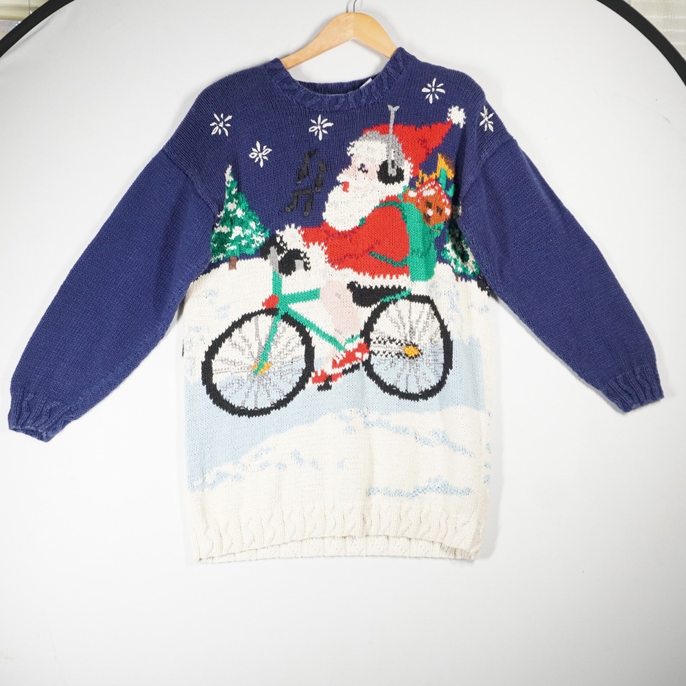 VTG Signatures Northern Isles Sweater L Blue Santa Bicycle Ugly Christmas 90s